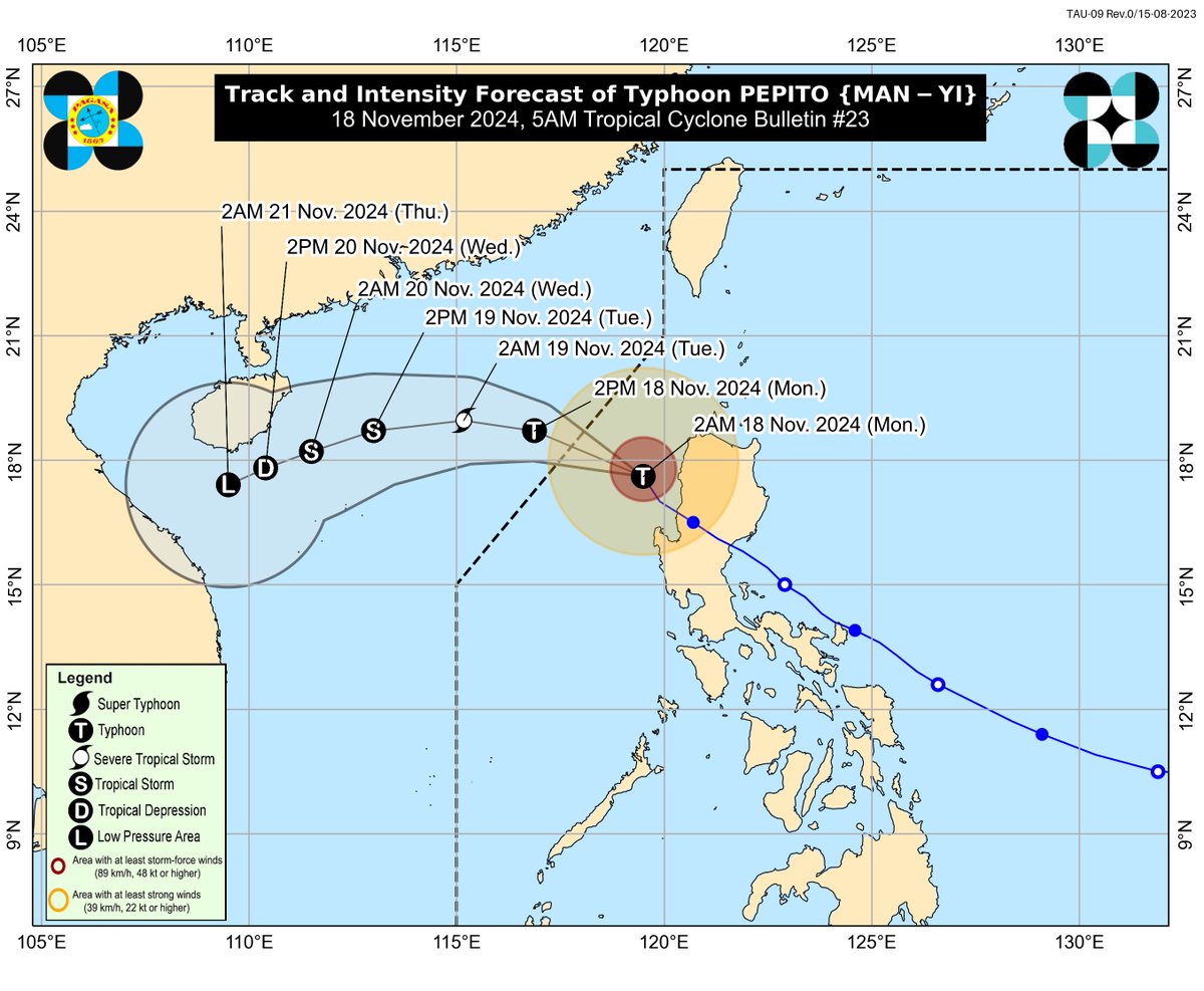 dost_pagasa's tweet photo. TROPICAL CYCLONE BULLETIN NR. 23
Typhoon PEPITO (MAN-YI)
Issued at 5:00 AM, 18 November 2024
Valid for broadcast until the next bulletin at 11:00 AM today.

“PEPITO” CONTINUES TO MOVE NORTHWESTWARD OVER THE WEST PHILIPPINE SEA.

Links:
➣ TC Bulletin for Pepito: https://t.co/tAkKZSfwc2
➣ Weather Advisory: https://t.co/y4TcZDk87N
➣ Gale Warning: https://t.co/dZIxZzwPxF
➣ Storm Surge: https://t.co/APhJC1tgJa
➣ TC Warning Agriculture: https://t.co/wEaD6aQGer