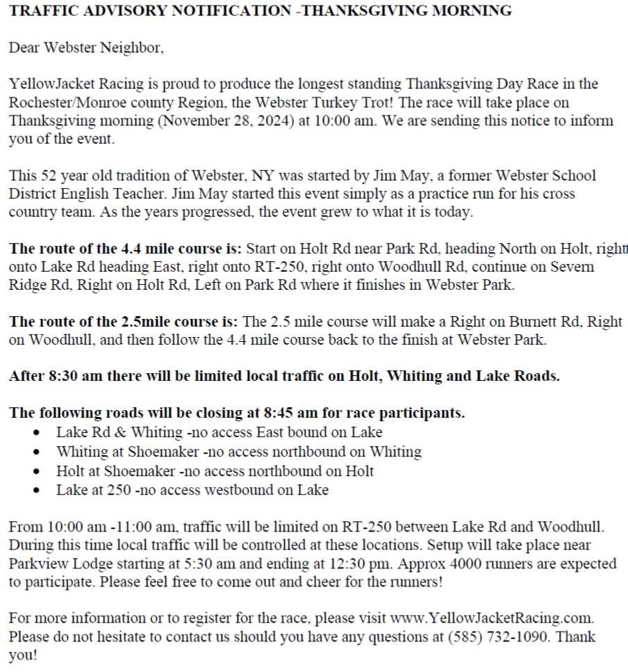 Fleet Feet Rochester (@fleetfeetroc) on Twitter photo Webster Turkey Trot Traffic Advisory - Please share esp if you are members of Webster Pages.
You can view and download Traffic Advisory from Trot Page Here: yellowjacketracing.com/races/webster-…
<a href="/WebsterNYPolice/">WebsterNYPolice</a> <a href="/TownofWebsterNY/">Webster, NY</a> <a href="/WTTrack/">Webster Thomas Track</a> Webster Turkey Trot Traffic Advisory - Please share esp if you are members of Webster Pages.
You can view and download Traffic Advisory from Trot Page Here: yellowjacketracing.com/races/webster-…
<a href="/WebsterNYPolice/">WebsterNYPolice</a> <a href="/TownofWebsterNY/">Webster, NY</a> <a href="/WTTrack/">Webster Thomas Track</a>