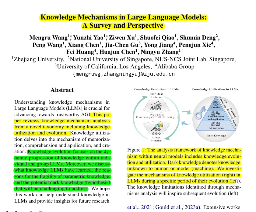 rohanpaul_ai's tweet photo. LLMs store knowledge through intricate networks of specialized neurons and their connections, enabling both memorization and reasoning capabilities.

This survey paper discusses how AI models learn by combining isolated knowledge units with interconnected neural pathways.

→ First paper to review knowledge mechanisms across the entire lifecycle of LLMs, focusing on both knowledge utilization and evolution

→ Proposes a novel taxonomy analyzing knowledge utilization at three levels: memorization, comprehension & application, and creation

→ Discusses how knowledge evolves both in individual LLMs and across groups of LLMs through processes of conflict and integration

→ Identifies that LLMs have acquired basic world knowledge through memorization, but this knowledge remains fragile and prone to issues like hallucination

→ Examines "dark knowledge" - knowledge that remains unknown to either humans or machines, requiring human-machine collaboration to explore