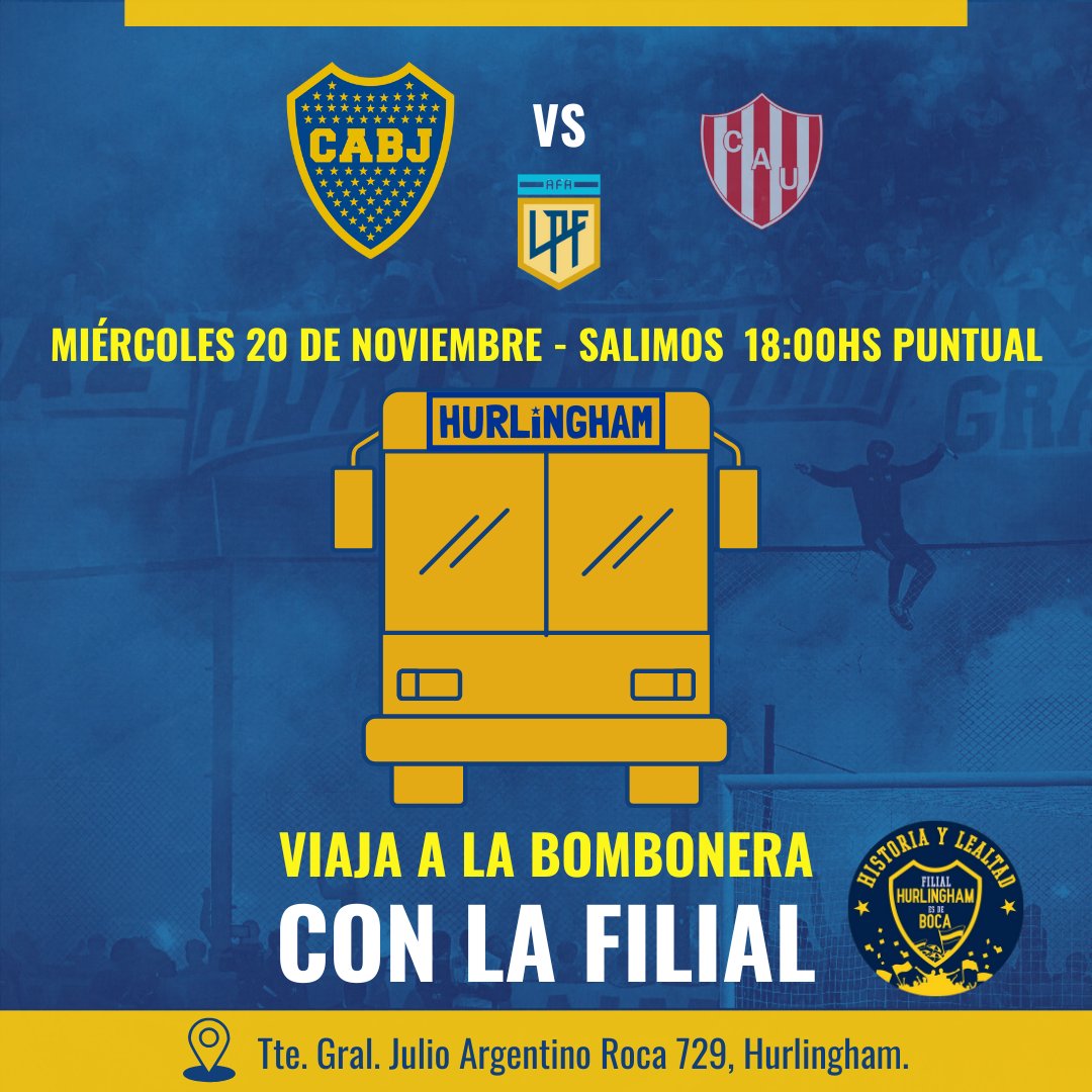 HurlinghamBoca's tweet photo. 🚍 Viaja a la Bombonera con la Filial! 🇸🇪
⚽️ BOCA vs Union
🗓 Miércoles 20 de Noviembre
🕒 18:00hs SALIMOS PUNTUAL
📍 Tte. Gral J.A Roca 729, Hurlingham
⚠️ IMPORTANTE : NO vendemos entradas ni alquilamos carnets
📝 Envíanos un msj privado para anotarte. https://t.co/PXokYXg5vT