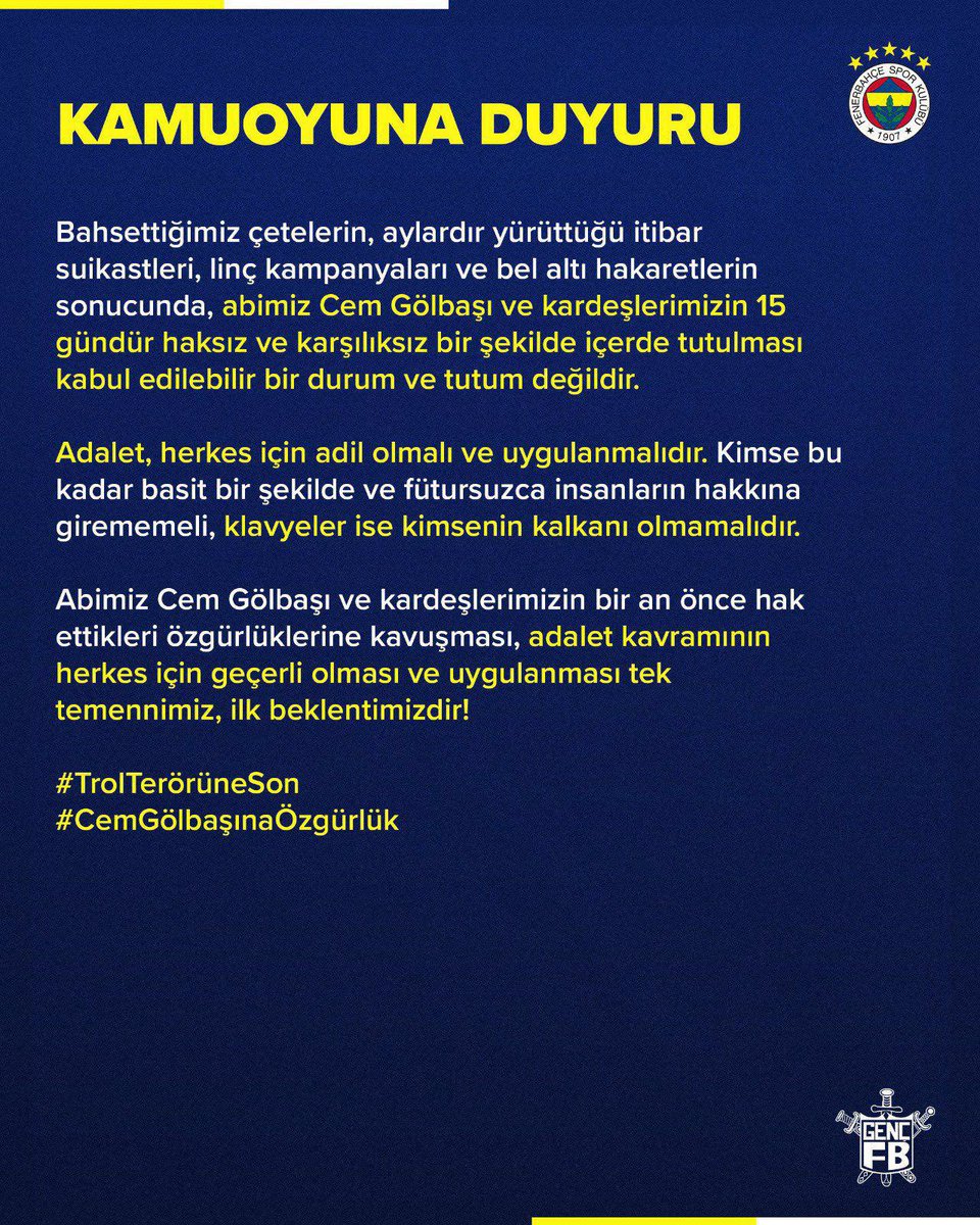 Klavyeler silah veya kalkan olmamalıdır. Sosyal medya trolleri engellenmeli, adalet herkes için eşit ve adil uygulanmalıdır.

#TrolTerörüneSon
#CemGölbaşınaÖzgürlük
