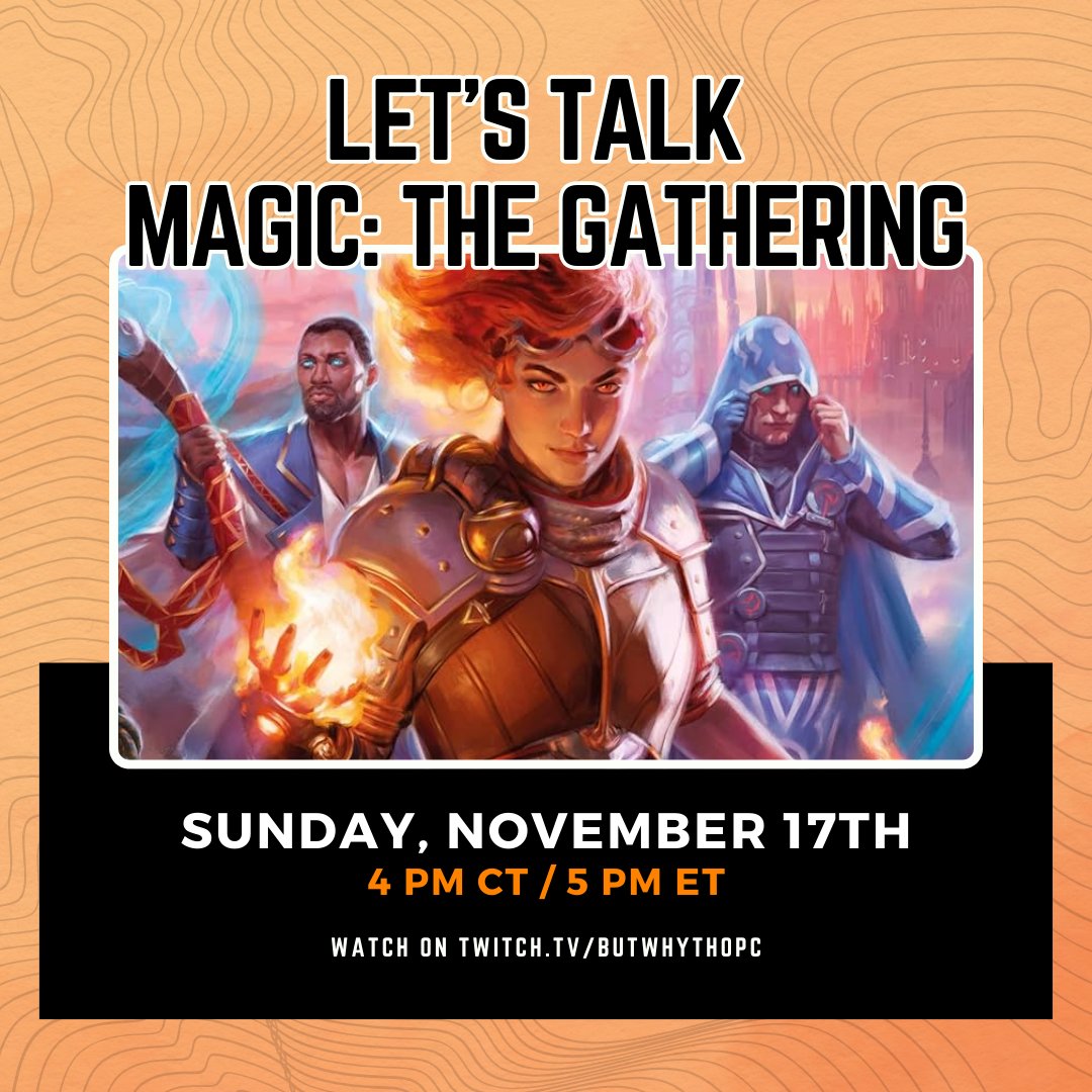 At 4pm CT we are talking Magic: The Gathering with <a href="/TappyToeClaws/">Taps (Infinite Hiatus - Follow on 🦋💙)</a> <a href="/John_Carson/">John Carson</a> and <a href="/DarkPactCosplay/">Dark Pact, Envoy of Cabbages</a>! 

Watch on twitch.tv/butwhythopc