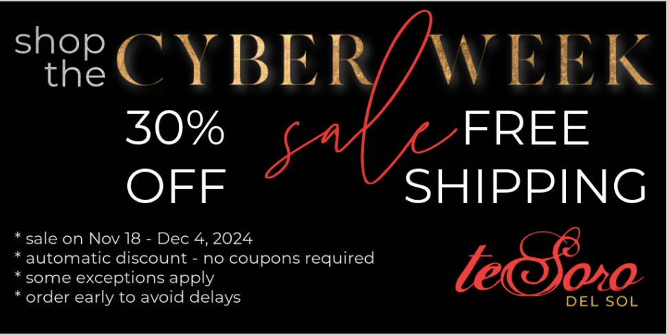 TesoroDelSol's tweet photo. Enjoy 30% OFF + FREE SHIPPING during our #CyberWeek sale from Nov 18 - Dec 4, 2024! Shop  https://t.co/FuBCTEkcQR!  #BlackFriday #BlackFridayDeals #CyberMonday #BFCM https://t.co/DrLBM7FCze