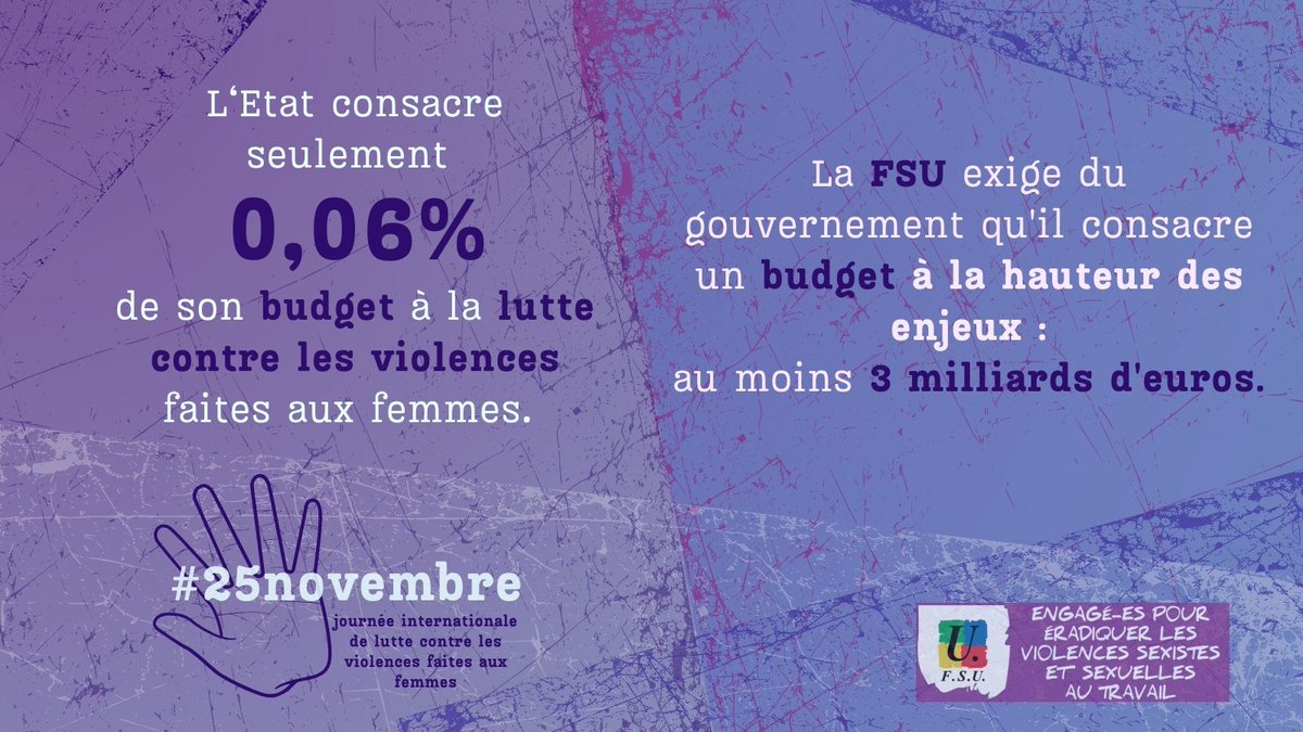 Les 23 et #25Novembre, avec la FSU, manifestons contre les violences sexistes et sexuelles.  Exigeons un budget à la hauteur des enjeux.