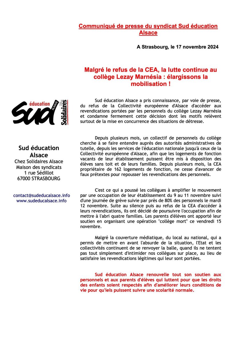 sud_alsace's tweet photo. 🔴 Malgré le refus de la CEA, la lutte continue au collège Lezay Marnésia : élargissons la mobilisation !

https://t.co/hPcYOJZi8R https://t.co/NWOse1Et3t