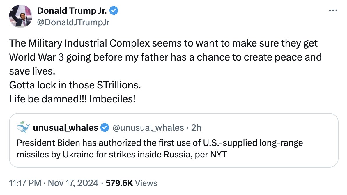 RT_com's tweet photo. Donald Trump Jr. says US MIC wants to start WWIII before his father comes to power https://t.co/llkHKG5obF