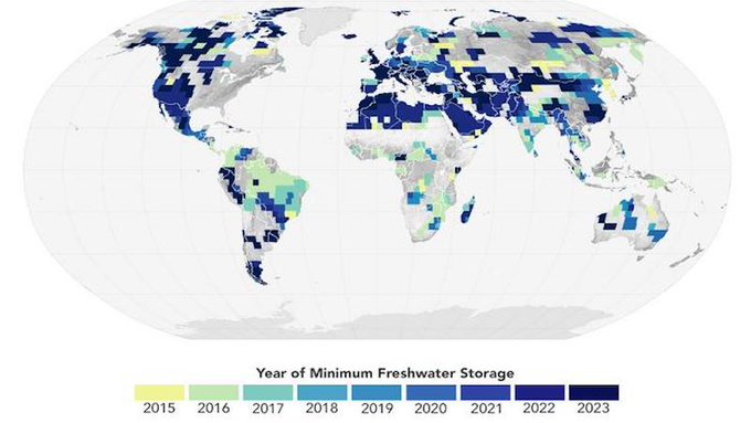 OpCanary's tweet photo. NASA satellites reveals an abrupt drop In global freshwater levels. 

Demand for fresh water will outstrip supply by 40% by the end of the decade, world’s water systems  under “unprecedented stress”  No coordinated global effort to address crisis.

https://t.co/g0DvlIlM8D https://t.co/AWIv3f3Lpz