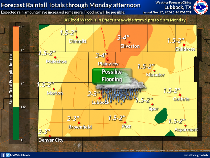 NWSLubbock's tweet photo. ⚠️ An overnight flooding event is looking likely! ⚠️

Flash flooding can be particularly dangerous at night when it is difficult to see. A wide swath of 2-3" of rain with localized amounts reaching upwards of 4" of rain is expected tonight. #lubwx #txwx https://t.co/I0qSWaf9gR