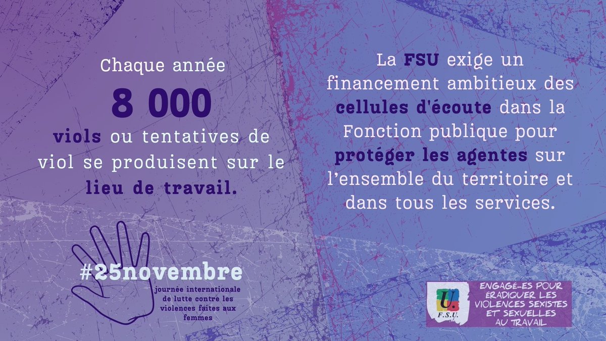 Les 23 et #25novembre, avec la FSU, manifestons pour porter nos revendications : les agentes doivent être protégées contre les violences sexuelles au travail.