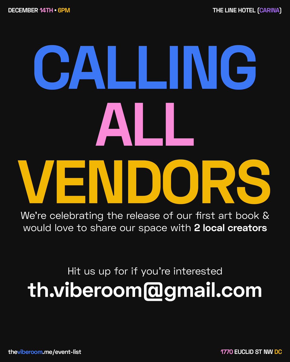 Calling all DMV &amp; Baltimore creatives! 🎨✨ We're looking for vendors for our Art Book Release Party on Dec 14th at the LINE DC. Showcase your work, connect with the community, and make your mark! Email us to apply—spots are limited! 

Th.viberoom@gmail.com