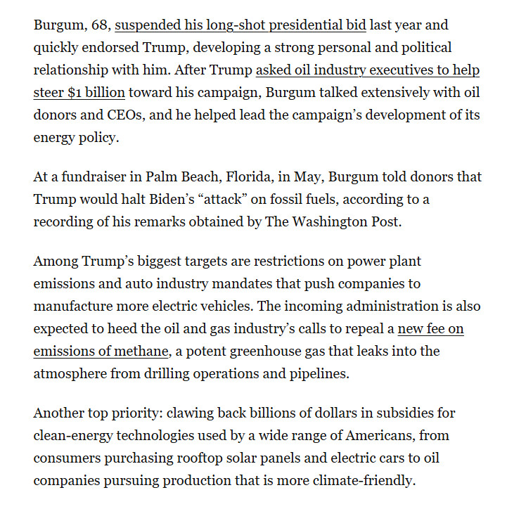 OpCanary's tweet photo. Trump has tapped North Dakota Gov. Doug Burgum as both interior secretary and "energy czar," tasking him with leading efforts to dismantle climate regulations and expand oil and gas production across millions of acres of federal land. #OpCanary #anonymous

https://t.co/RceLvH9rZN https://t.co/gnSX7IzHiq
