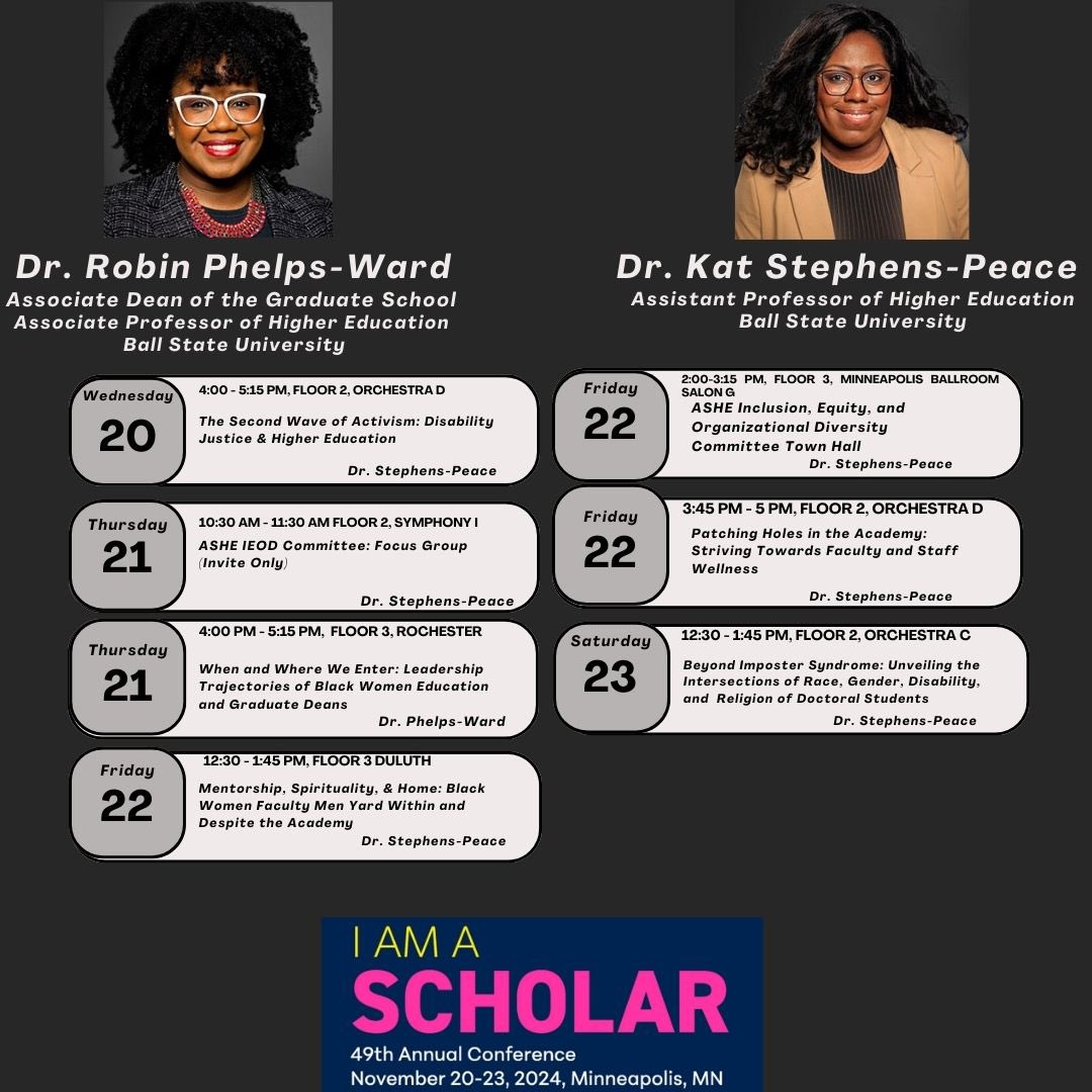 DrKat_SP's tweet image. Here’s what some Ball State University HESA faculty will be presenting this week at #ASHE24