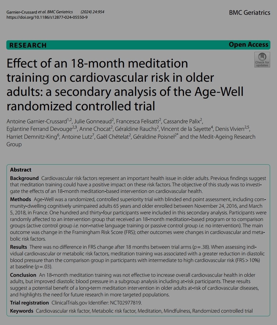 Antoine Garnier-Crussard (@garniercrussard) on Twitter photo 🚨 Paper alert
Happy to share this paper on meditation and cardiovascular health in older adults (secondary analysis of the Age-Well RCT), with <a href="/GeraldinePoisn/">Géraldine Poisnel</a> <a href="/SilverSanteEU/">SilverSantéStudy EU</a> and a great team 🙏🙏 <a href="/Neuropresage/">Neuropresage</a> <a href="/ChetelatLab/">Chetelat's Lab</a>
bmcgeriatr.biomedcentral.com/articles/10.11… 🚨 Paper alert
Happy to share this paper on meditation and cardiovascular health in older adults (secondary analysis of the Age-Well RCT), with <a href="/GeraldinePoisn/">Géraldine Poisnel</a> <a href="/SilverSanteEU/">SilverSantéStudy EU</a> and a great team 🙏🙏 <a href="/Neuropresage/">Neuropresage</a> <a href="/ChetelatLab/">Chetelat's Lab</a>
bmcgeriatr.biomedcentral.com/articles/10.11…