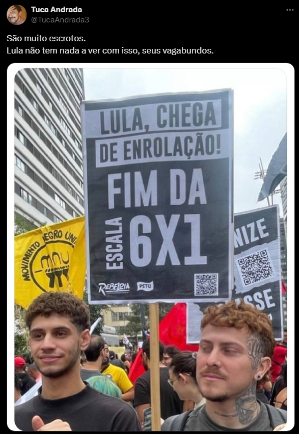 Diego__Cruz's tweet photo. Ministro do Trabalho atacou o movimento pelo #FIMDAJORNADA6X1, defendendo o negociado sobre o legislado

O governo, após o arcabouço fiscal, prepara mais um pacote de ataques sobre direitos

Mas o problema é o cartaz do PSTU exigindo "Lula, chega de enrolação"

É mta vassalagem.. https://t.co/gXo8VQIFdX