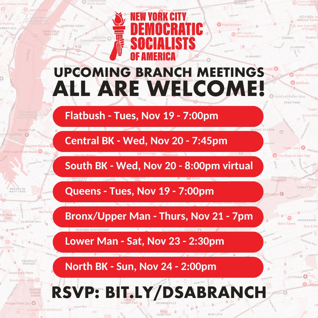 Next week join a discussion on the election results from a fresh perspective: how the establishment has failed us and how we can take action to build working class power!✊🏼✊🏽✊🏿

RSVP to an NYC-DSA Branch meeting in The Bronx, Brooklyn, Queens or Manhattan actionnetwork.org/event_campaign…