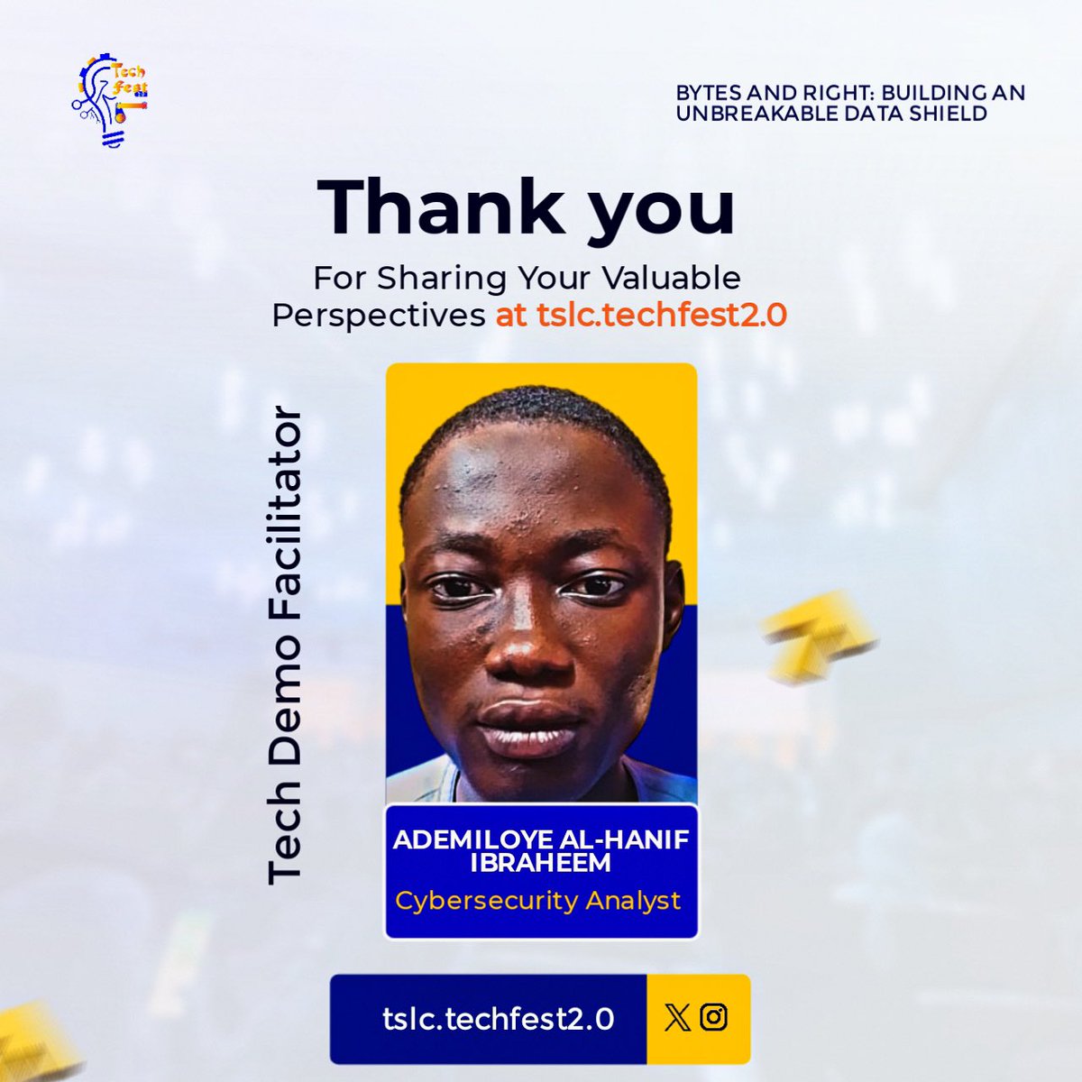 Tslc_techfest's tweet photo. We extend our heartfelt appreciation for sharing your valuable insights as a Tech Demo Facilitator during the event. Your expertise was truly inspiring and left a lasting impression on our audience.  

We deeply appreciate the time and effort you dedicated to making this https://t.co/D1QpX5T7iJ