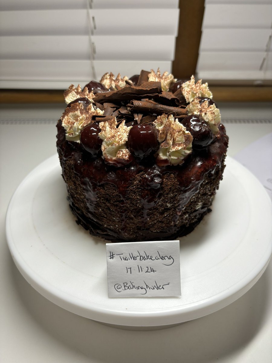 bakinghunter's tweet image. Black Forest Gateau , three layers of chocolate sponge , cherries, cherry syrup with kirsch, cream and chocolate curls #70’s week #gbbo @thebakingnanna1 @marybethxx6 @Rob_C_Allen #twitterbakealong