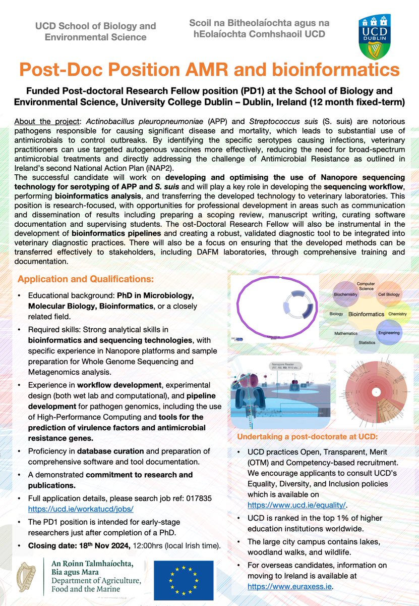 Guerrino Macori (@guerrinomacori) on Twitter photo Deadline approaching - apply now for the PostDoc position available in my group at <a href="/ucddublin/">University College Dublin</a> <a href="/UCDSBES/">Sch. Biol. & Env. Sc</a> focusing on AMR & Bioinformatics for porcine pathogens. Search job ref 017835 at lnkd.in/evD3PH4Q
#Bioinformatics #AMR #Postdoc #UCD #Sequencing Deadline approaching - apply now for the PostDoc position available in my group at <a href="/ucddublin/">University College Dublin</a> <a href="/UCDSBES/">Sch. Biol. & Env. Sc</a> focusing on AMR & Bioinformatics for porcine pathogens. Search job ref 017835 at lnkd.in/evD3PH4Q
#Bioinformatics #AMR #Postdoc #UCD #Sequencing