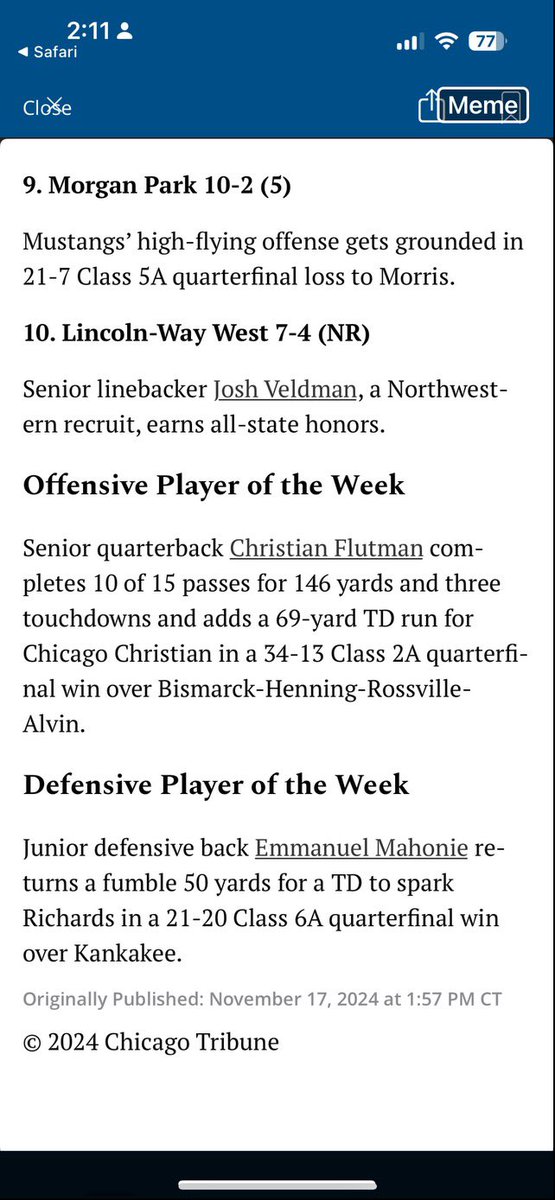 c_flutman's tweet image. Honored to be named Offensive Player of the Week for Illinois! Thank you @Millar_S and @SouthtownSports for the write up. All glory to God!

@CCHSKnights_FB @coach_scaldwell @PrepRedzoneIL @sixstarfootball @EDGYTIM @NUICFootball @CILFootball