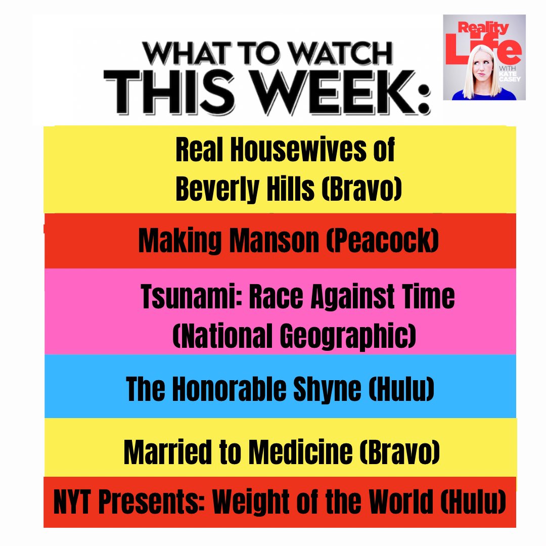 KateCasey's tweet photo. My new What to Watch This Week With Kate Casey list is up! https://t.co/CrTgtaCioa Get the list every week by subscribing. #rhobh #makingmanson #podcast https://t.co/eg7ZBfl3DR