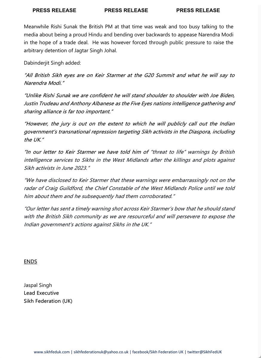 Will Keir Starmer face up to Narendra Modi at the G20 Summit in Brazil

·      Will Keir Starmer as promised raise the arbitrary detention of Jagtar Singh Johal and call for his immediate release and return to the UK?
 
·      Will Keir Starmer as part of the Five Eyes alliance