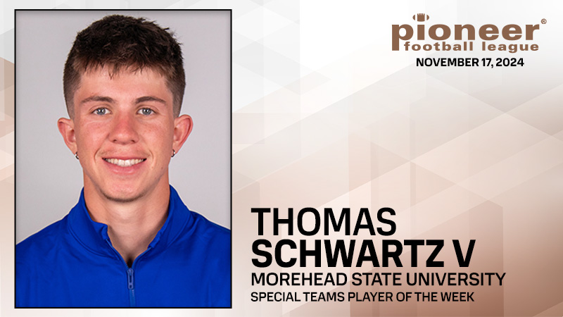 Pioneer Football (@pflnews) on Twitter photo Pioneer Football League Special Teams Player of the Week!
<a href="/MSUEaglesFB/">Morehead State Football</a> kicker Thomas Schwartz V hit a game-winning 30-yard field goal, defeating Drake in a return to his home state. Pioneer Football League Special Teams Player of the Week!
<a href="/MSUEaglesFB/">Morehead State Football</a> kicker Thomas Schwartz V hit a game-winning 30-yard field goal, defeating Drake in a return to his home state.