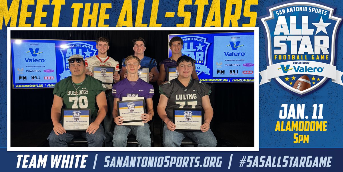 San Antonio Sports (@sa_sports) on Twitter photo Tonite on @news4sa Sports Sunday at 11 PM meet <a href="/MarionTx_FB/">Marion Bulldog Football</a> <a href="/GarrettLMann/">Garrett Mann</a>, Stockdale HS Corbett Cowey, <a href="/LulingEaglesFB/">Luling Eagle Football</a> <a href="/dylyn_due/">DYLYN DUE</a>, @NISD_Football <a href="/kade_pugh/">Kade Pugh</a>, <a href="/BanderaFB/">Bandera Football</a> <a href="/gavin_spruell/">Gavin Spruell: NCAA ID# 2302780897</a>, <a href="/MVHSpanthersFB/">MVHS Football</a> @b_butler_55 who were chosen for the #SASAllStarGame pres. by Valero. Congrats! Tonite on @news4sa Sports Sunday at 11 PM meet <a href="/MarionTx_FB/">Marion Bulldog Football</a> <a href="/GarrettLMann/">Garrett Mann</a>, Stockdale HS Corbett Cowey, <a href="/LulingEaglesFB/">Luling Eagle Football</a> <a href="/dylyn_due/">DYLYN DUE</a>, @NISD_Football <a href="/kade_pugh/">Kade Pugh</a>, <a href="/BanderaFB/">Bandera Football</a> <a href="/gavin_spruell/">Gavin Spruell: NCAA ID# 2302780897</a>, <a href="/MVHSpanthersFB/">MVHS Football</a> @b_butler_55 who were chosen for the #SASAllStarGame pres. by Valero. Congrats!
