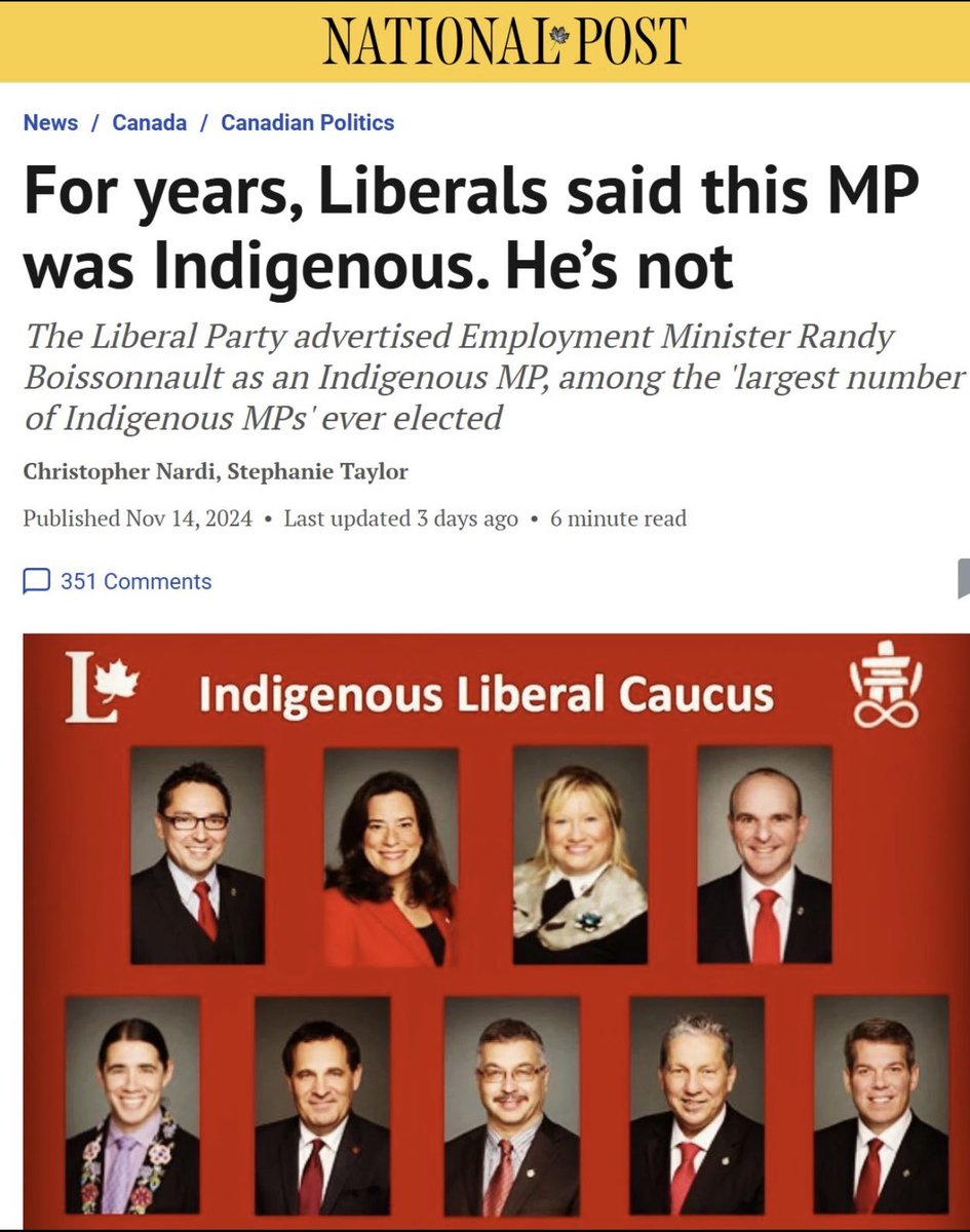 MarcDalton's tweet image. As a Métis Nation Citizen, it is very disheartening to hear that Liberal Cabinet Minister, Randy Boissonnault, has faked Indigenous ancestry for political (and economic) benefit. He is not the only Liberal MP whose ‘Indigenous’ ancestry has been under fire. #NotHelpful