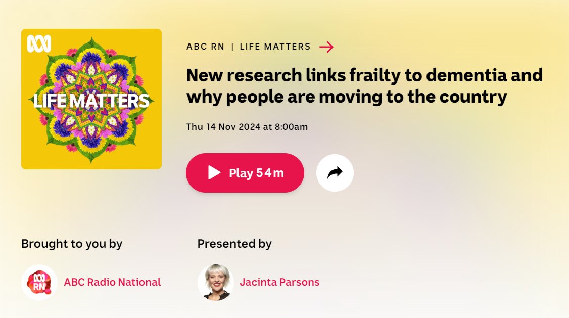 UQ Centre for Health Services Research (@uq_chsr) on Twitter photo <a href="/ProfREHubbard/">Prof Ruth E Hubbard</a> opened <a href="/RadioNational/">ABC Radio National</a> Life Matters last Thurs with a particularly eloquent intro to #frailty - rounding out a great week of media coverage for our <a href="/AusFrailty/">Australian Frailty Network</a> team's research linking frailty & #dementia: bit.ly/40LDpNL
<a href="/UQMedicine/">UQ Medicine</a> <a href="/David_D_Ward/">David Ward</a> <a href="/ProfREHubbard/">Prof Ruth E Hubbard</a> opened <a href="/RadioNational/">ABC Radio National</a> Life Matters last Thurs with a particularly eloquent intro to #frailty - rounding out a great week of media coverage for our <a href="/AusFrailty/">Australian Frailty Network</a> team's research linking frailty & #dementia: bit.ly/40LDpNL
<a href="/UQMedicine/">UQ Medicine</a> <a href="/David_D_Ward/">David Ward</a>