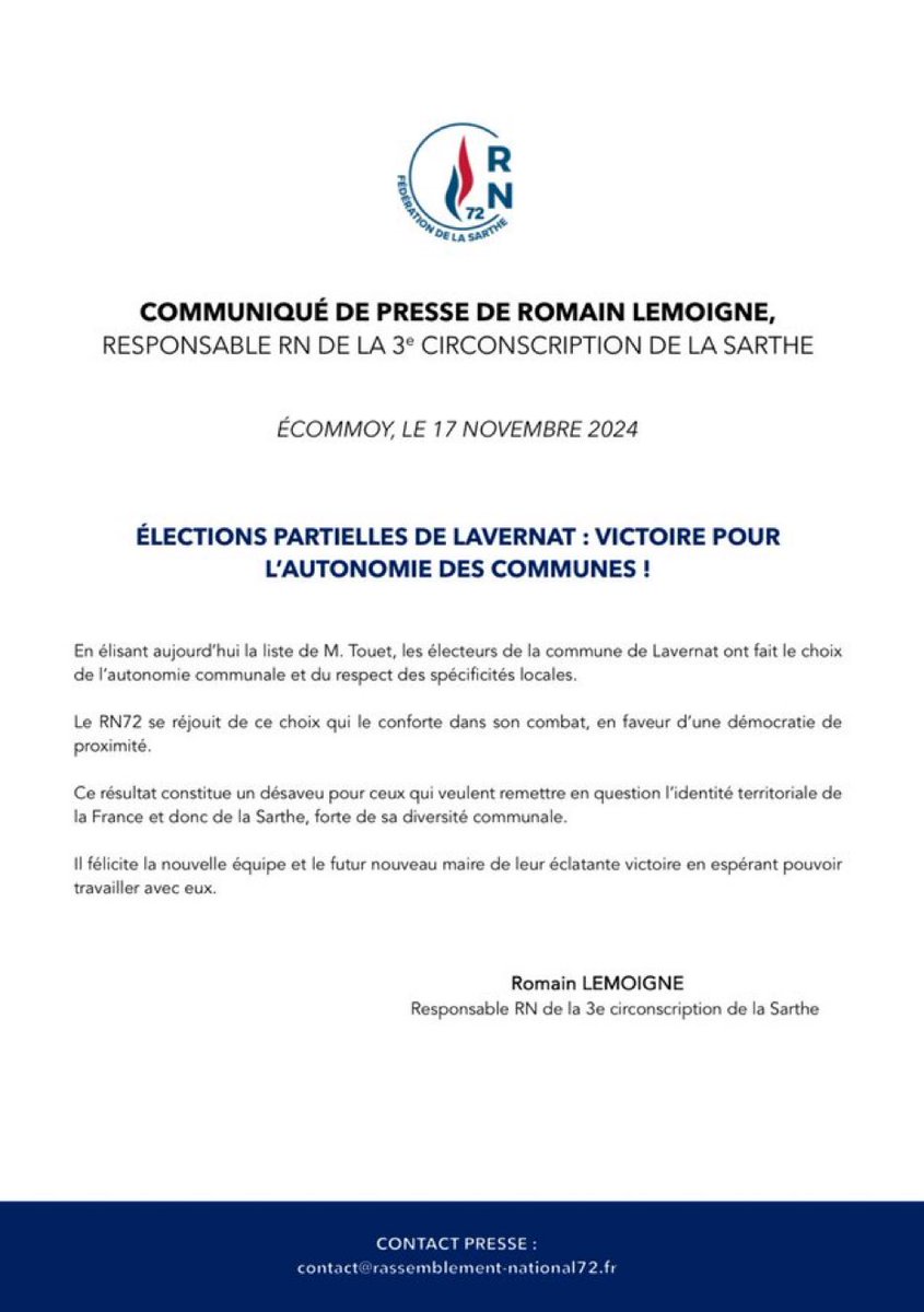 Bravo aux habitants de #Lavernat qui ont choisi de défendre l’autonomie de leur commune et les spécificités locales .

Mes félicitations à Laurent Touet et son équipe qui font triompher la démocratie de 
proximité .

<a href="/RNSARTHE/">RN SARTHE</a> 
<a href="/romain_lemoigne/">Romain Lemoigne</a>