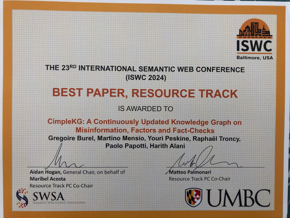 Raphaël Troncy (@rtroncy) on Twitter photo "CimpleKG: A Continuously Updated Knowledge Graph on Misinformation, Factors and Fact-Checks", won the Best Resource Paper award at #iswc2024. Joint work with <a href="/evhart/">Grégoire Burel</a> <a href="/MartinoMensio/">Martino Mensio</a> Youri Peskine <a href="/halani/">Harith Alani</a> <a href="/paolopapotti/">Paolo Papotti</a>. Check out github.com/CIMPLE-project/ for the resource "CimpleKG: A Continuously Updated Knowledge Graph on Misinformation, Factors and Fact-Checks", won the Best Resource Paper award at #iswc2024. Joint work with <a href="/evhart/">Grégoire Burel</a> <a href="/MartinoMensio/">Martino Mensio</a> Youri Peskine <a href="/halani/">Harith Alani</a> <a href="/paolopapotti/">Paolo Papotti</a>. Check out github.com/CIMPLE-project/ for the resource