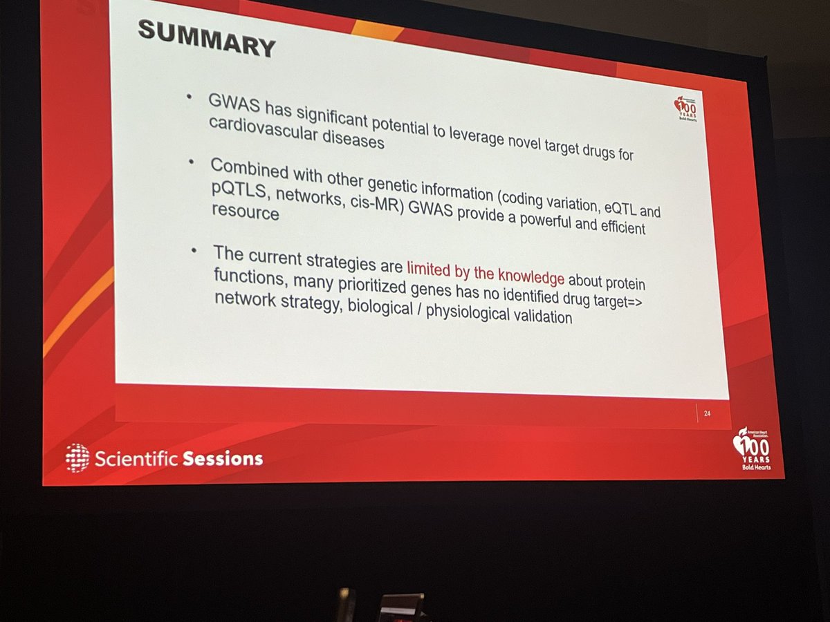 Great talk from <a href="/n_bouatianaji/">N Bouatia-Naji, PhD</a>  on GWAS for drug discovery. 

She outlines steps to go from GWAS hit to drug target: 
1. Integration with Omics 

2. Mendelian Randomization

#AHA2024 #AHA24