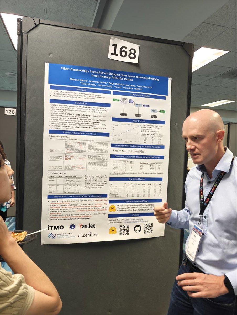 ArtemShelmanov's tweet image. On the final day of #EMNLP2024, at the MRL workshop, we presented the work on Vikhr -- state-of-the-art LLM for Russian:
Paper: aclanthology.org/2024.mrl-1.15/
Model: huggingface.co/Vikhrmodels/Vi…
Github: github.com/VikhrModels/ef…
Huge kudos to Alexandr Nikolich, who couldn’t attend in person!
