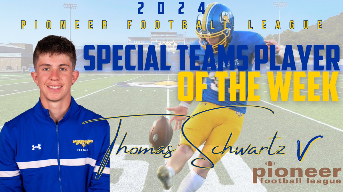 Morehead State Athletics (@msueagles) on Twitter photo Game-winning field goal = <a href="/PFLNews/">Pioneer Football</a> Special Teams Player of the Week.
Thomas Schwartz V (<a href="/TSchwartz_5/">Thomas Schwartz V</a>) kicked a 30-yard game winner to help <a href="/MSUEaglesFB/">Morehead State Football</a> end Drake's FCS best conference winning streak Saturday.
Story: shorturl.at/Ke6yf #SoarHigher Game-winning field goal = <a href="/PFLNews/">Pioneer Football</a> Special Teams Player of the Week.
Thomas Schwartz V (<a href="/TSchwartz_5/">Thomas Schwartz V</a>) kicked a 30-yard game winner to help <a href="/MSUEaglesFB/">Morehead State Football</a> end Drake's FCS best conference winning streak Saturday.
Story: shorturl.at/Ke6yf #SoarHigher