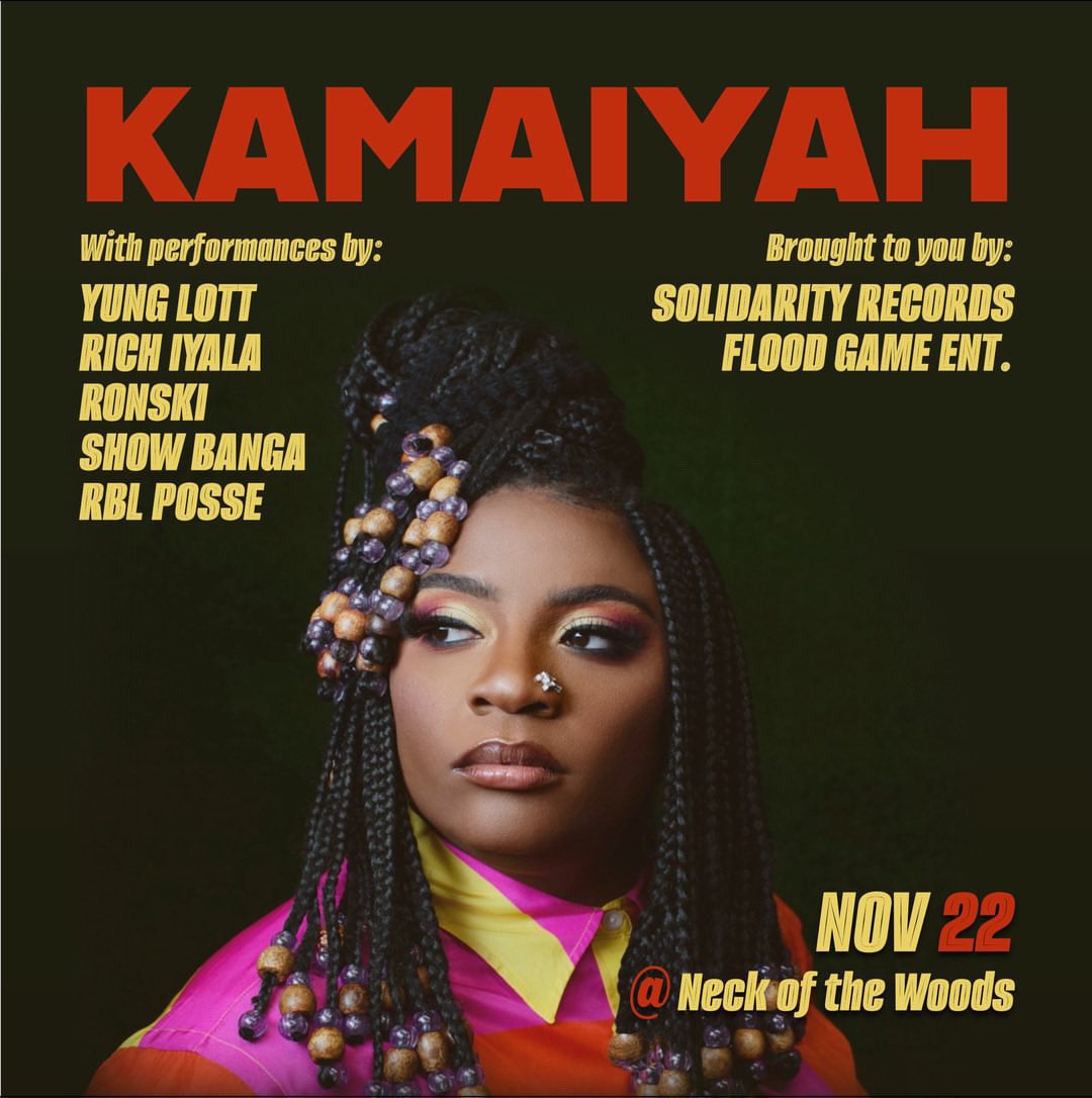 This Friday. November 22nd in the city. 

<a href="/kamaiyah/">ill yaya</a> 
<a href="/yunglott_flood/">YUNG LOTT</a> 
<a href="/RBLPosse/">RBL Posse</a> 
<a href="/richiyala/">iyalaiyala</a> 

ticketweb.com/event/kamaiyah…