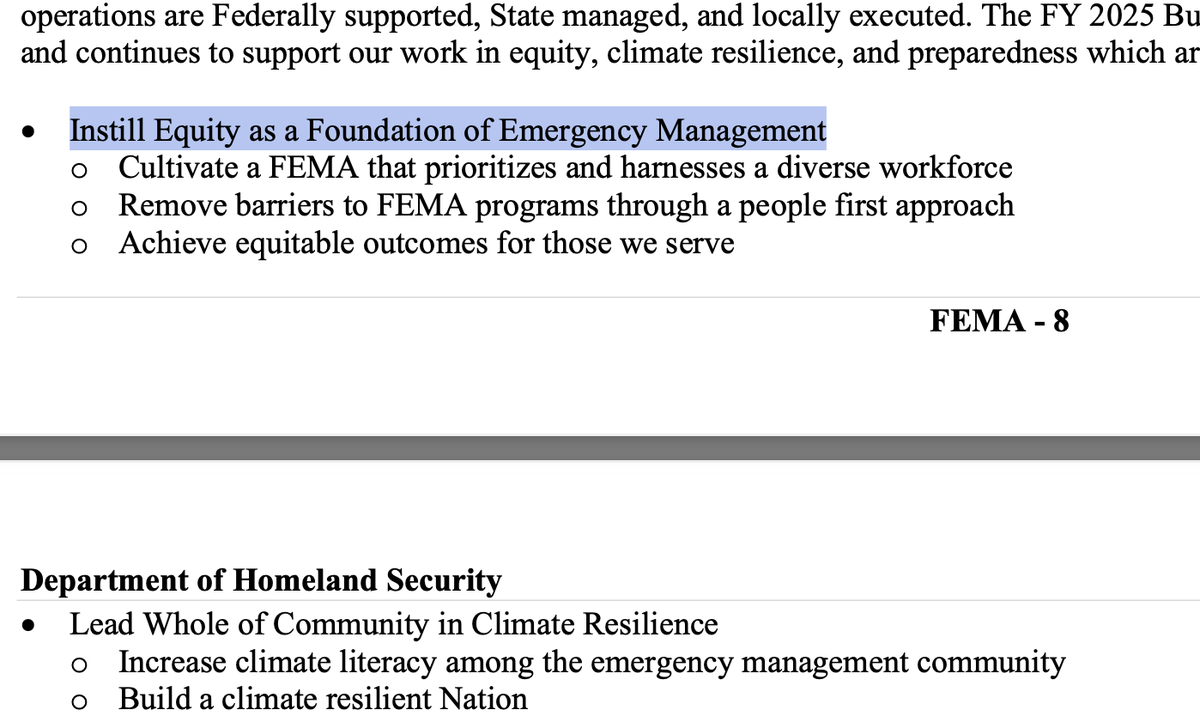 SharylAttkisson's tweet photo. FEMA's #1 stated priority in its 2025 budget increase proposal is "equity" and "climate resilience." 
"Disaster preparedness" ranks a distant third. 
I kid you not.
@elonmusk @VivekGRamaswamy