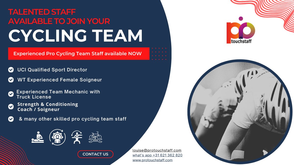 We have some top-level, professional cycling team staff  with valuable skills &amp; experience,  seeking fixed contracts for 2025.

ProCycling Teams with any staffing needs, contact us to discuss our candidates
#cycling
#cyclingstaff
#cyclingtalent
#sportstalent
#sportsrecruitment