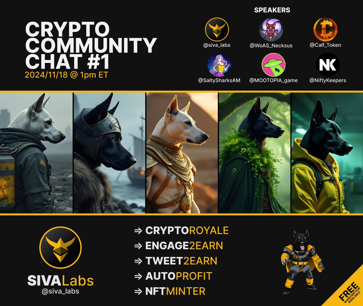 🚀 Join us for tomorrow's Crypto Community Chat #1 on X Spaces!

Featuring <a href="/Calf_Token/">CALF Token</a>, <a href="/SaltySharksAM/">+ Salty Sharks Uprising 🇦🇺</a>, <a href="/MOOTOPIA_game/">MOOTOPIA</a>, and <a href="/NiftyKeepers/">NiftyKeepers</a>, co-hosted by <a href="/WoAS_Necksus/">Necksus</a>. 🎙️

🔥 Enjoy crypto insights, NFT deep dives, and more.
📅 2024/11/18 @ 1pm ET
🗨️ Join: x.com/i/spaces/1mrGm…