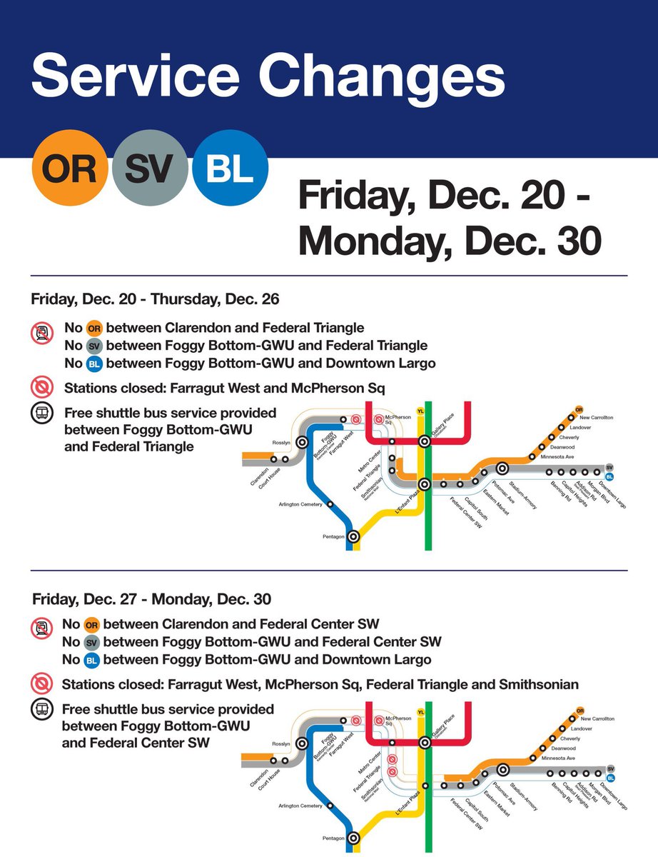 REMINDER for our Blue, Orange, &amp; Silver line customers: major maintenance projects from Dec. 20-30 in the downtown area will require station closures. Free shuttles will replace trains. Get the details: wmata.com/majorconstruct… #wmata