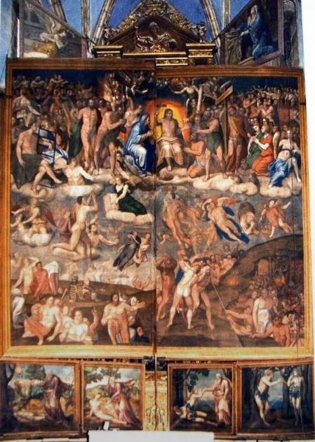 gozARTE's tweet photo. Un 18 de noviembre (tal día como hoy) de 1541 Miguel Ángel acabó el Juicio Final de la Capilla Sixtina, en Roma. Unos quince años después Pietro #Morone, que venía de Italia y que sin ninguna duda lo había visto, pintó las puertas del retablo de #Ibdes (#Zaragoza, muy cerca del Monasterio de Piedra), que os dejo en esta foto.

Muy pocos retablos conservan sus puertas pintadas, y probablemente ningunas son tan espectaculares como estas. En ellas volcó todo lo que había aprendido viendo la capilla Sixtina de Miguel Ángel. Las puertas, concretamente, son una "copia" del Juicio Final, y en la parte de abajo hay escenas que siguen muy de cerca a las de la creación que aparecen en la bóveda de la capilla de los papas que había pintado unas décadas antes. ¿No es una joya extraordinaria?

Por cierto, el retablo y las puertas están restaurados hace muy poco, y el resultado es... ¡¡¡Espectacular!!!