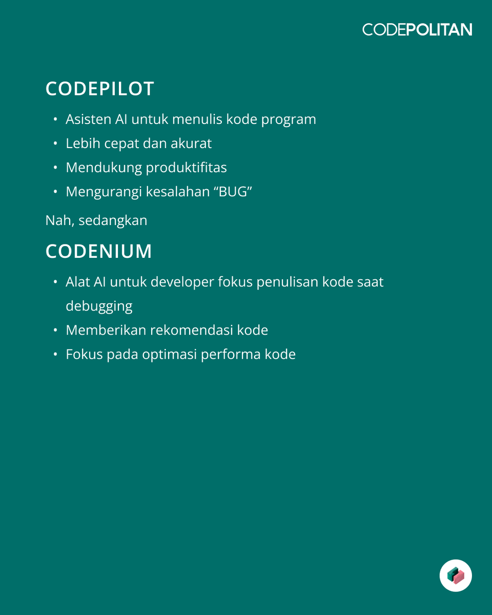 CodePolitan's tweet image. AI vs Programmer, tetep unggul programmer..
AI + Programmer, bisa lebih optimal,
Bener nggaksih? 🤔
Cek tutorial cara installnya disini 👇
codepolitan.com/blog/codeium-s… 📌
#CodePilot #Codenium #ToolsAI #ToolsProgrammer