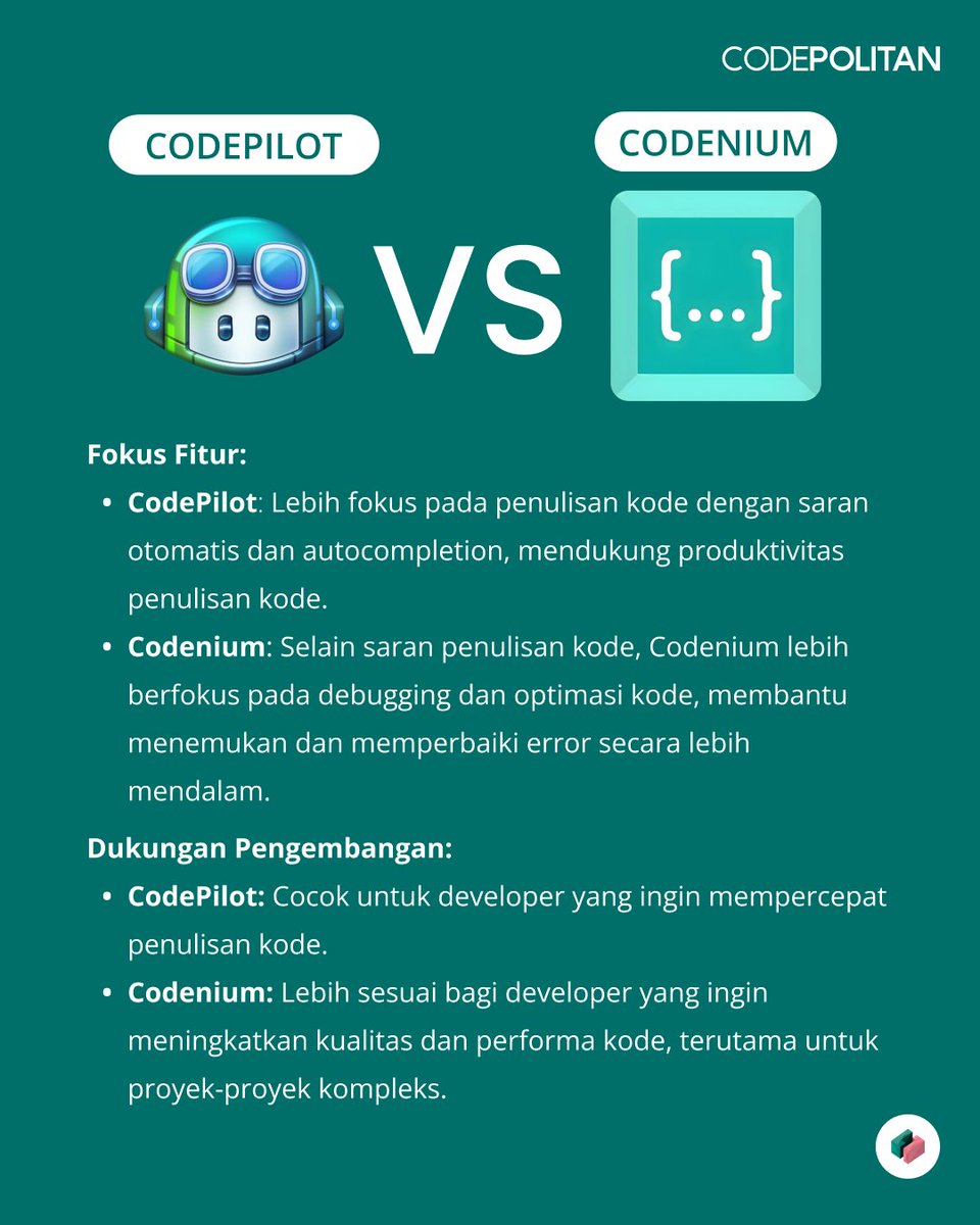 CodePolitan's tweet image. AI vs Programmer, tetep unggul programmer..
AI + Programmer, bisa lebih optimal,
Bener nggaksih? 🤔
Cek tutorial cara installnya disini 👇
codepolitan.com/blog/codeium-s… 📌
#CodePilot #Codenium #ToolsAI #ToolsProgrammer