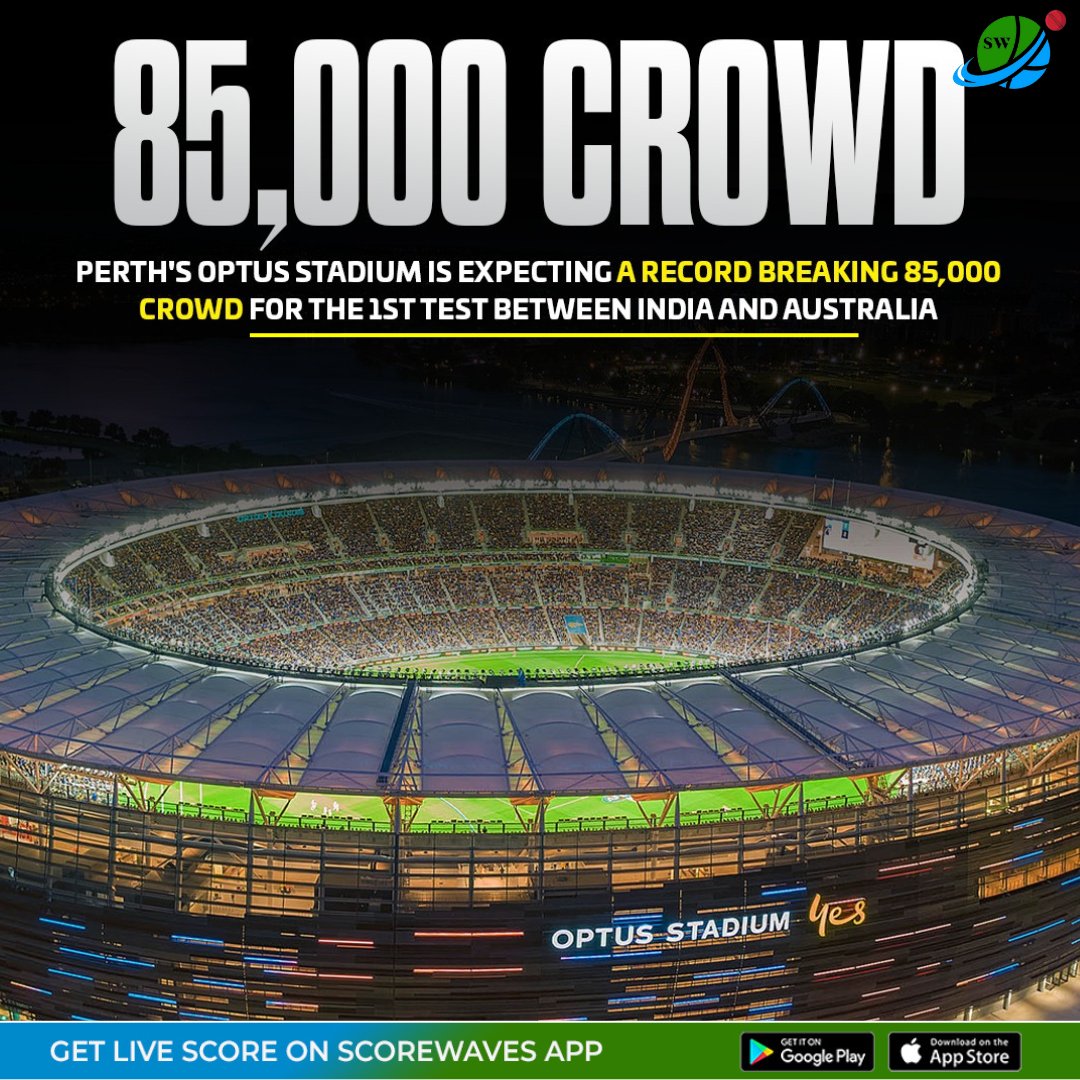 ScoreWaves's tweet photo. Perth's Optus Stadium is expecting a record breaking 85,000 crowd for the 1st Test between India and Australia. (The Age).
#INDvsAUS #1sttestmatch #1sttest2024 #BGT2024 #record #recordcrowd🇦🇺 #ViratKohli #potus #bordergavaskartrophy #ScoreWaves https://t.co/UuSAfG4p3q