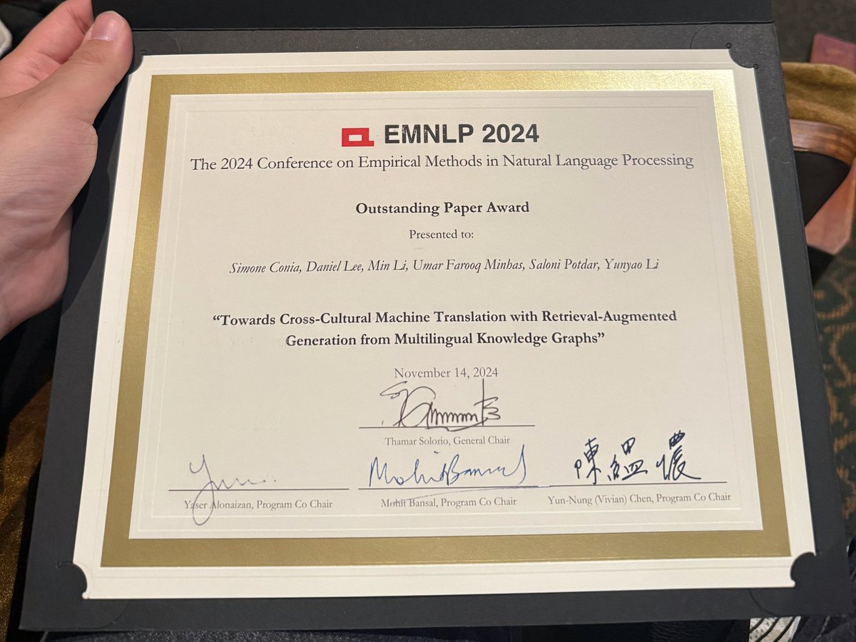 Daniel Lee (@daniel_js_lee) on Twitter photo ๐ Our paper won an Outstanding Paper Award at #EMNLP2024!
๐ โTowards Cross-Cultural Machine Translation with Retrieval-Augmented Generation from Multilingual Knowledge Graphsโ was recognized for addressing โthe challenge of translating culturally-relevant named entities.โ
๐ฃ ๐ Our paper won an Outstanding Paper Award at #EMNLP2024!
๐ โTowards Cross-Cultural Machine Translation with Retrieval-Augmented Generation from Multilingual Knowledge Graphsโ was recognized for addressing โthe challenge of translating culturally-relevant named entities.โ
๐ฃ