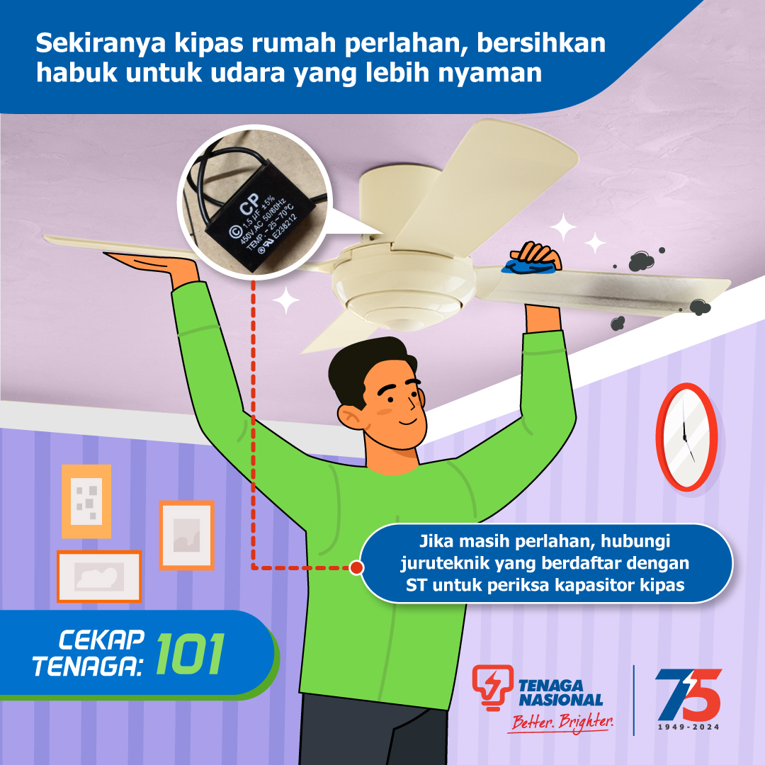 Tenaga_Nasional's tweet image. Habuk yang terkumpul tu sebenarnya boleh menyebabkan kipas siling rumah anda perlahan tau. 🫢

Tapi kalau dah bersih tapi masih perlahan, mungkin anda boleh panggil juruteknik bertauliah untuk periksa kapasitor kipas anda. 🪭

#CekapTenaga101 #MELP #EnergyLiteracy #KipasSiling