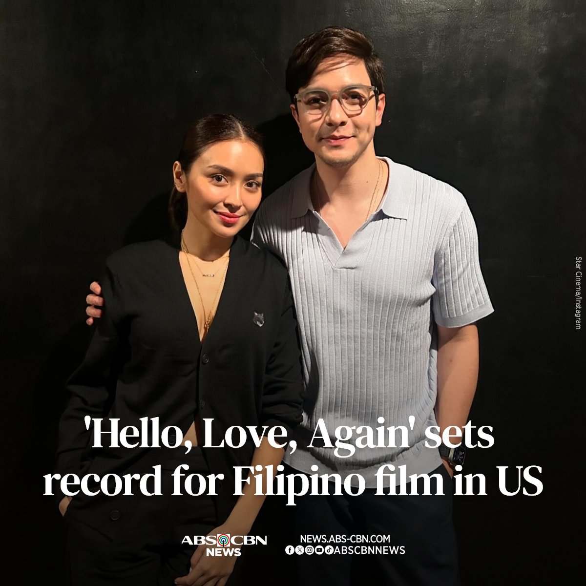 ABSCBNNews's tweet photo. "Hello, Love, Again" now holds the record for the highest opening weekend for a Filipino film in the US after earning a $2.4 million gross, entertainment website Deadline reported on Sunday. #HelloLoveAgain 

READ: https://t.co/k4LGS5vHXb https://t.co/PpHJ6TJIOK