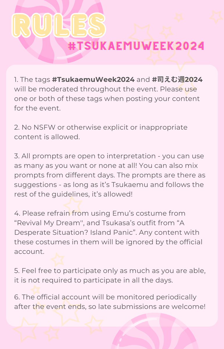 tsukaemuweek's tweet photo. TSUKAEMU WEEK 2024
Prompt List and Guidelines (EN) 

EVENT DATES: DECEMBER 23rd-29th, 2024

🌟🍬🎡
Please read everything carefully. RTs are appreciated! 
🌟🍬🎡

#TsukaemuWeek2024 #司えむ週2024
#emukasa #司えむ #tsukaemu https://t.co/mm3KIi6auR