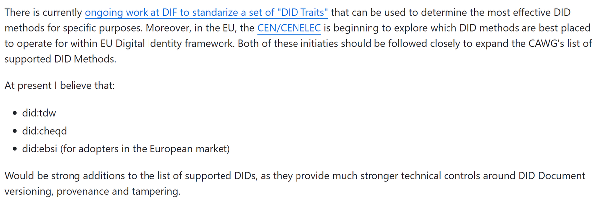 Tweetddale's tweet photo. Moving into the v1.2 spec and beyond, a broader set of DID methods will be assessed for adoption, including @cheqd_io's did:cheqd, the @EU_EBSI's did:ebsi and the emerging did:tdw.
Moreover, the #CAWG will likely establish a trust registry for Claims Aggregators using DIDs. https://t.co/DOgx3hN5qk