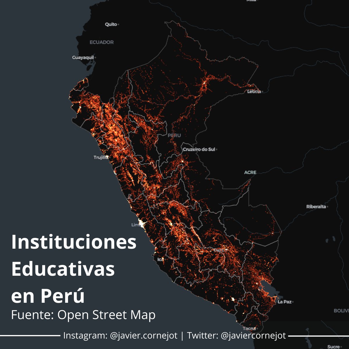#30DayMapChallenge | Día 17 | Mapa colaborativo.
Mapa de colegios en el Perú usando data de OSM y visualizado en kepler.gl.