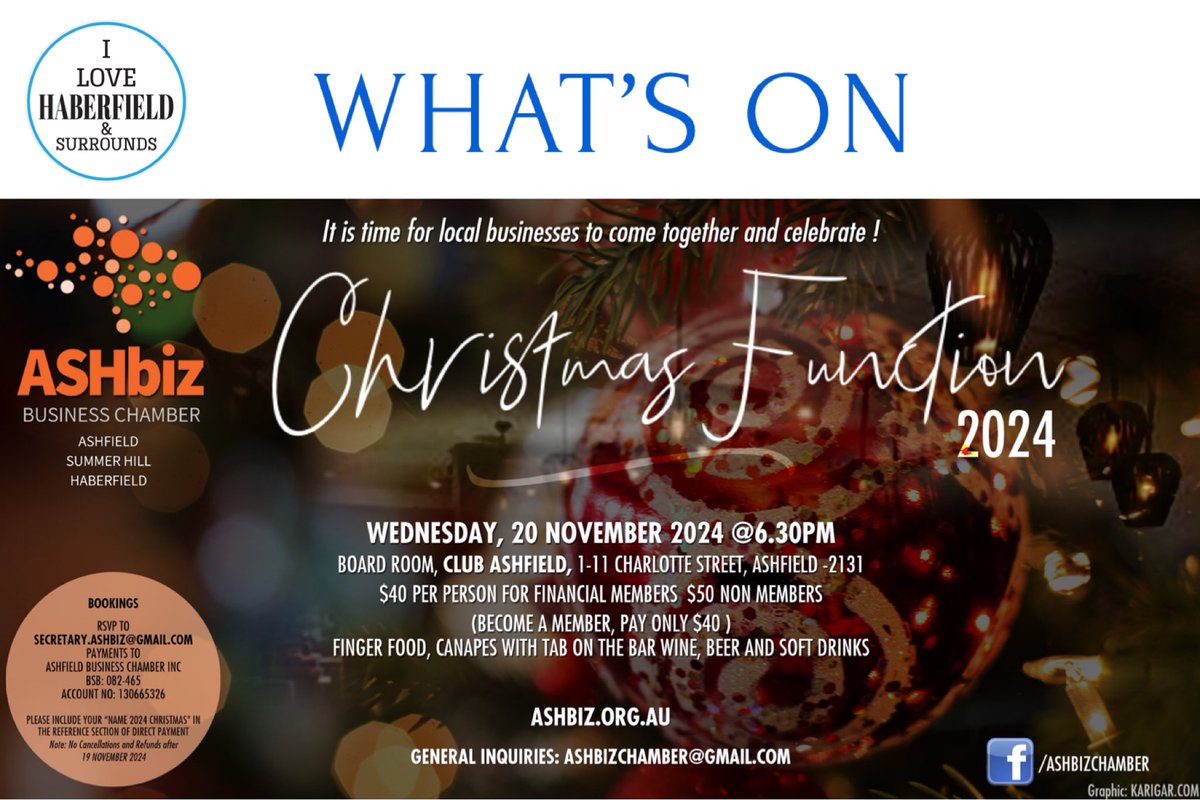 ilovehaberfield's tweet photo. Join #ASHbiz Christmas Function 2024 at #ClubAshfield Inner West Sydney
Members, partners and their guests are welcome to join!
WEDNESDAY, 20 NOVEMBER 2024 at 6.30pm.
Details: https://t.co/R3RI6cbord 
@Karigar_ 🇦🇺 #SmallBusinesses #Ashfield #Haberfield #SummerHill NSW https://t.co/oeqC8nfZmj